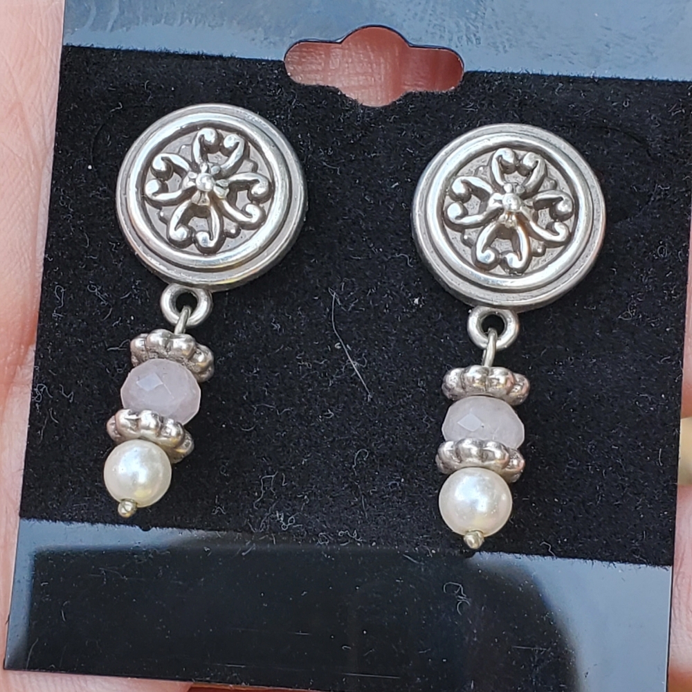 Brighton Vintage dangling rose quartz and pearl pierced  Earrings